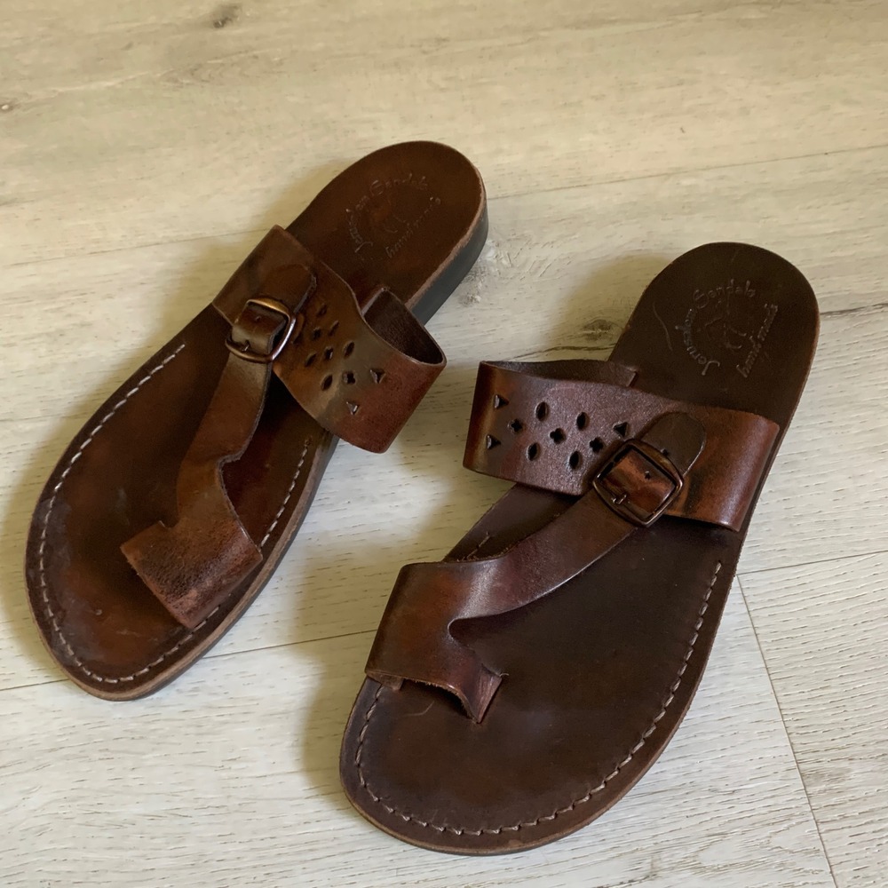 Jerusalem Sandals Brown Leather Toe Loop Buckle Slide Sandals Women 46